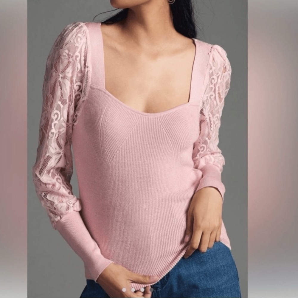 Anthropologie Woman’s whimsical Pink Lace Sleeve Sweetheart Neck Line Sweater